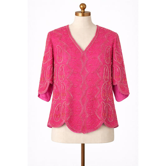 Vintage 100% Silk Hot Pink Beaded Top Blouse 1980s