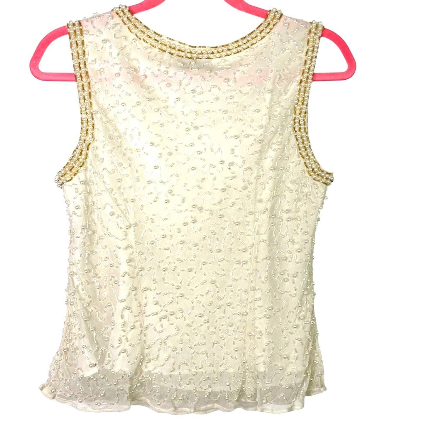 Vintage Silk Beaded Pearls Blouse Tank Top White Gold Sparkle