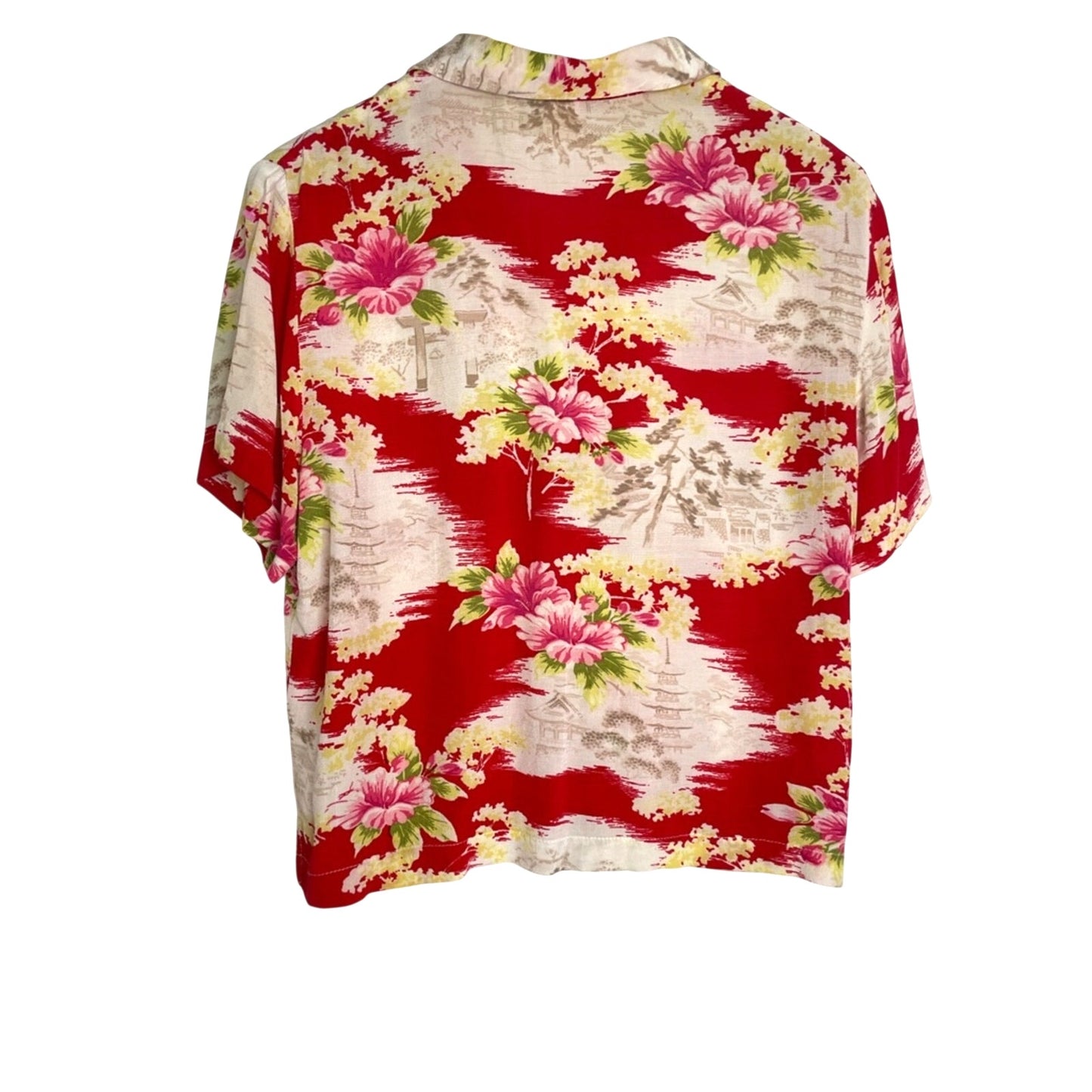 Floral Red Short-Sleeve Hawaiian Button-Up Women's Top Rayon Vintage