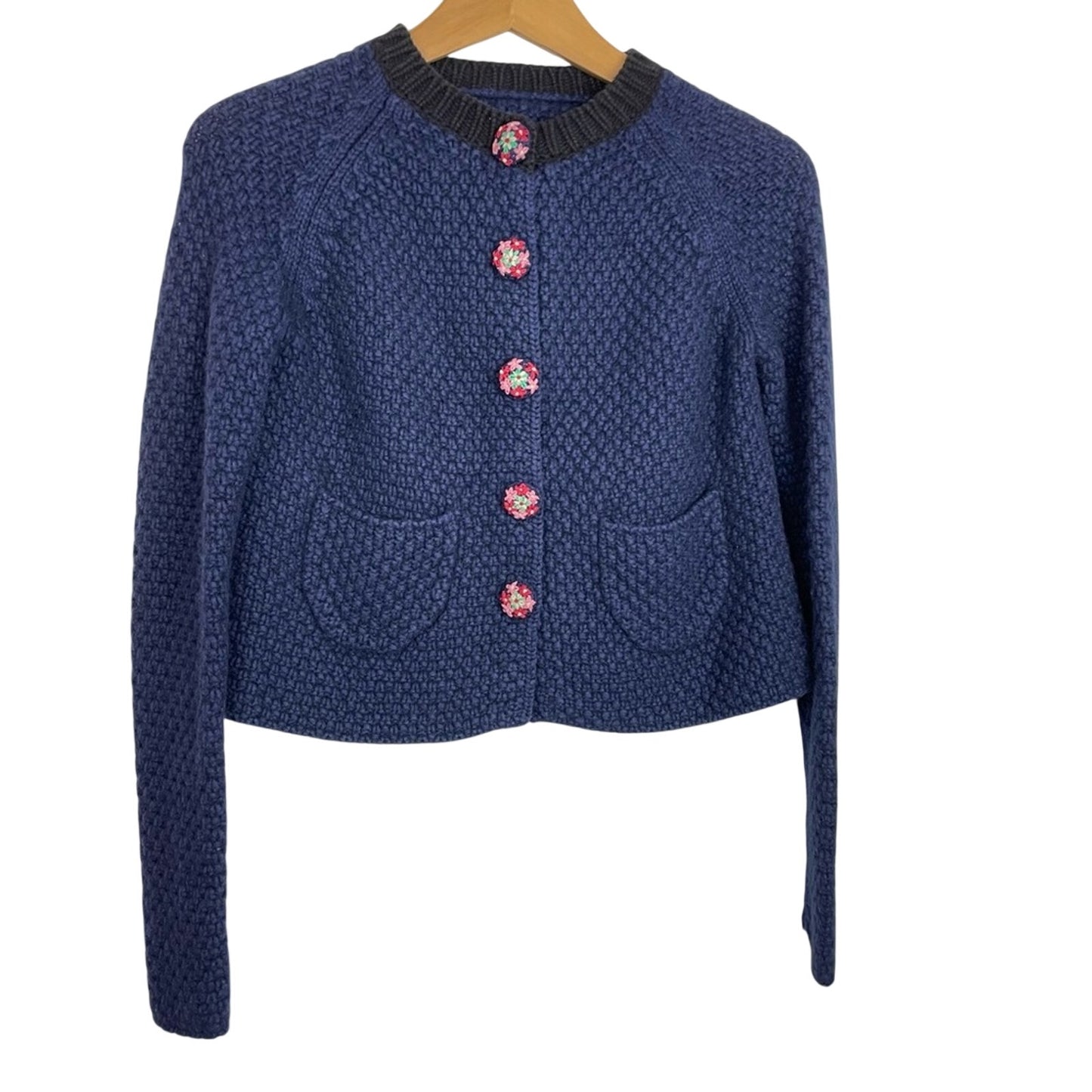 Blue Knit Cardigan Sweater Embroidered Buttons Cotton Wool Blend
