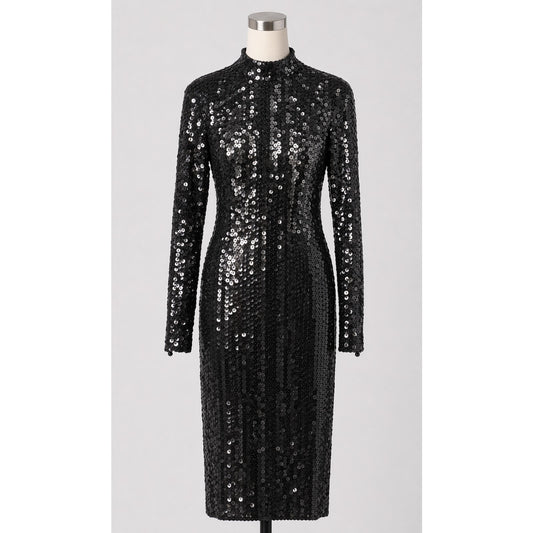 Vintage Black Sequin Dress Long Sleeve 1980s Glam Sparkle