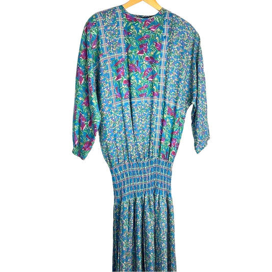 Vintage | Diane Freis Dress Blue Floral and Bird Pattern