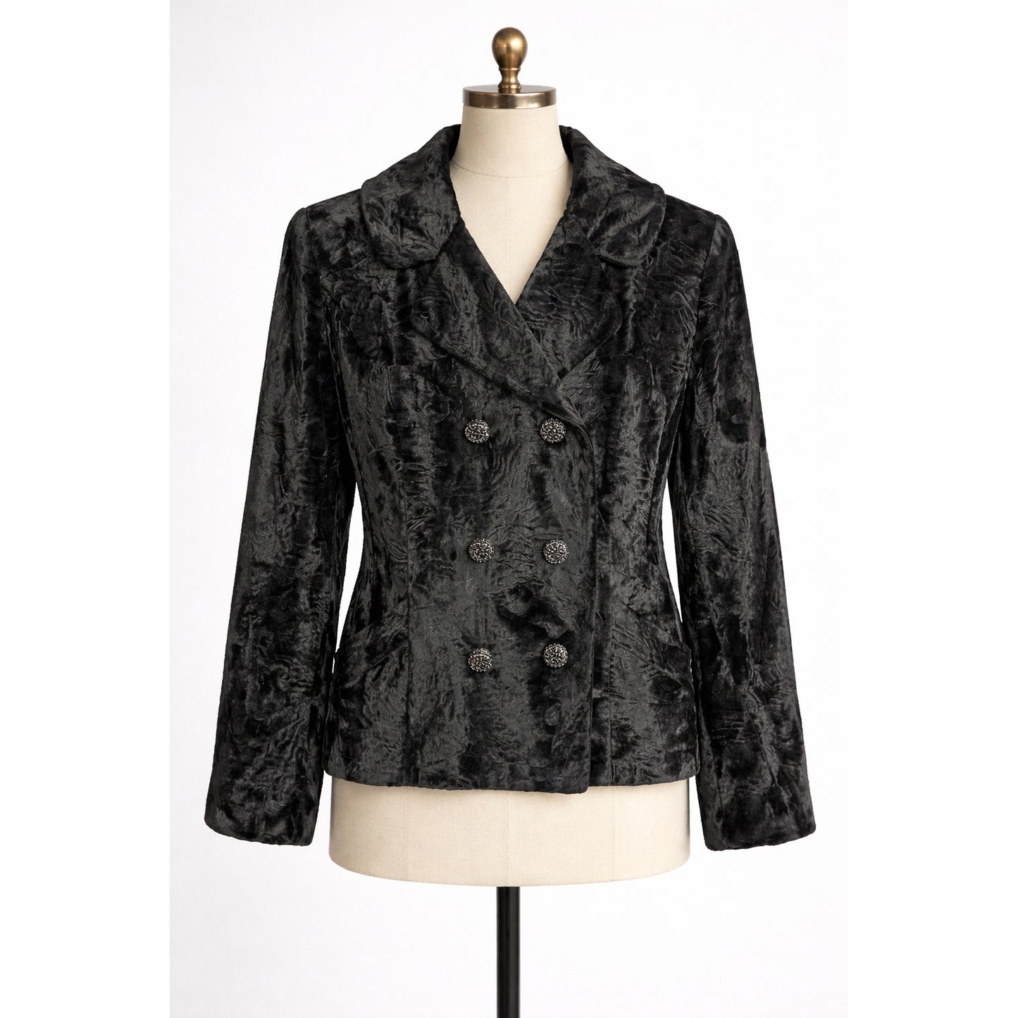 Vintage Black Faux Fur Jacket Rhinestone Buttons Borella Fur
