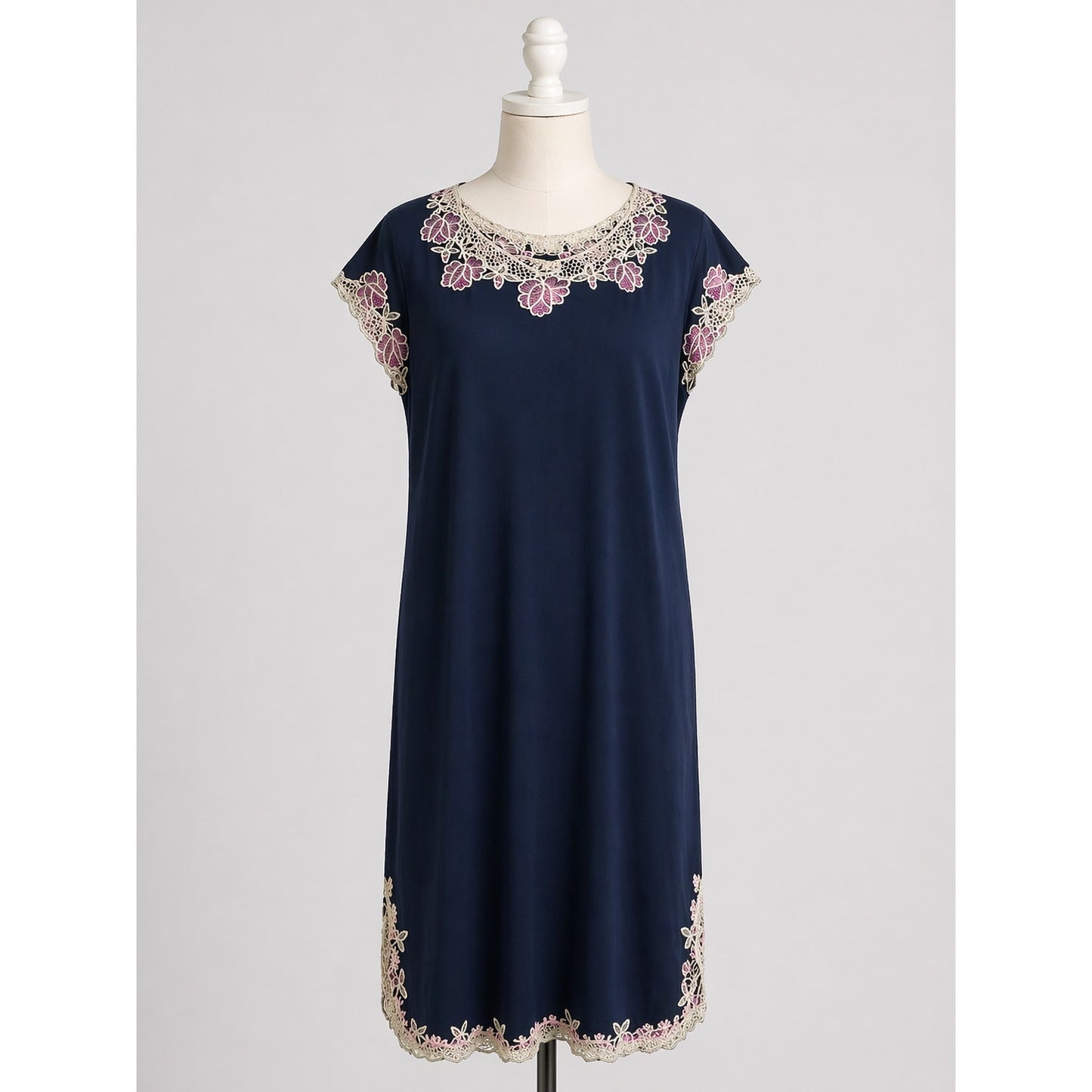 Vintage Embroidered Black Dress  White Floral Lace Rayon Dress Pink Green