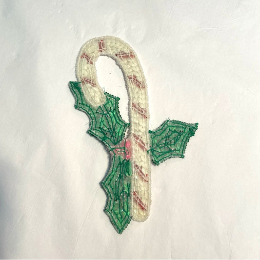 Festive Candy Cane Patch Embellishment with Green Leaves Sequins Christmas
