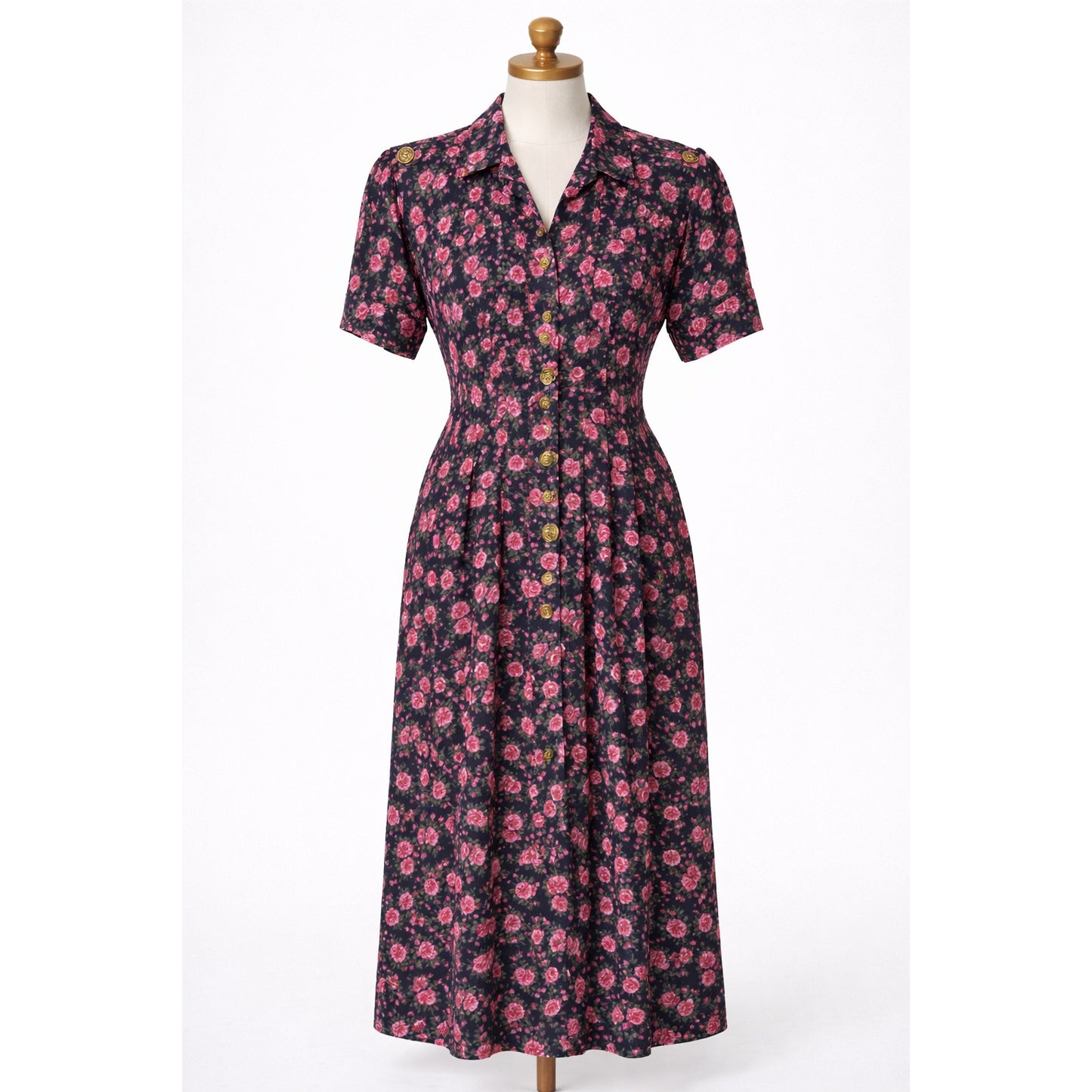 Vintage Pink Rose Print Shirt Dress Black Gold Buttons 8