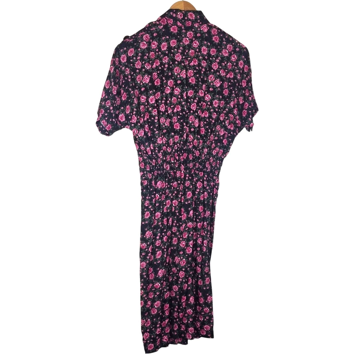 Vintage Pink Rose Print Shirt Dress Black Gold Buttons 8