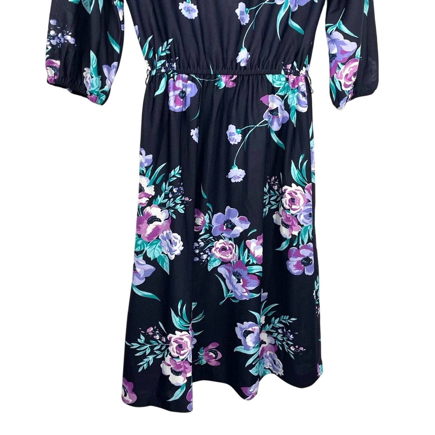 Vintage Floral Dress 1970s California Black Purple Small
