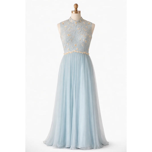 Vintage Light Blue Embroidered Tulle Dress 1950s Formal Beaded Handmade