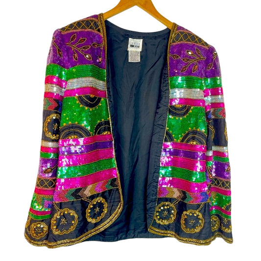 Colorful Sequin Jacket Beaded Vintage Pink Green Pink Black Silk Large