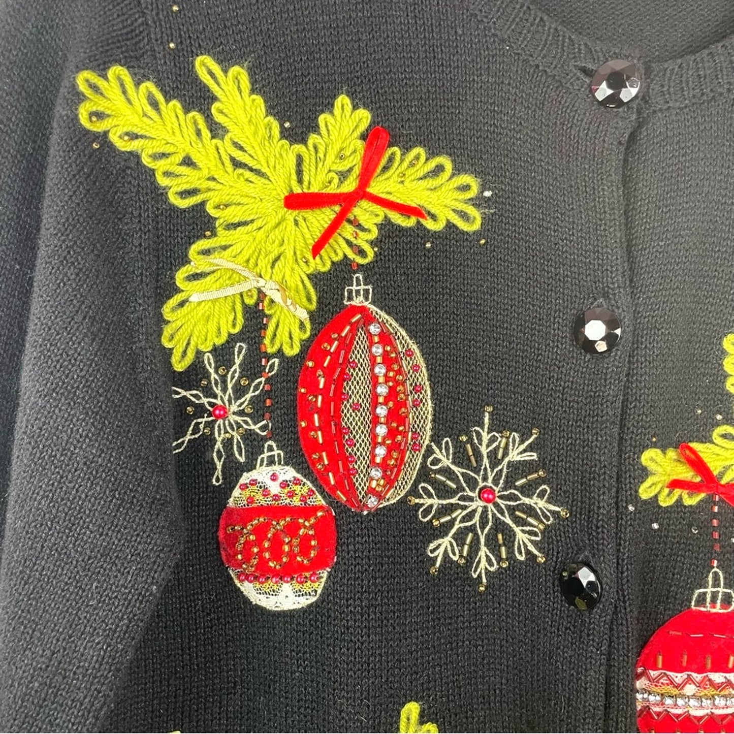 Holiday Black Sweater Festive Ornaments Christmas Sweater Cardigan Vintage Large