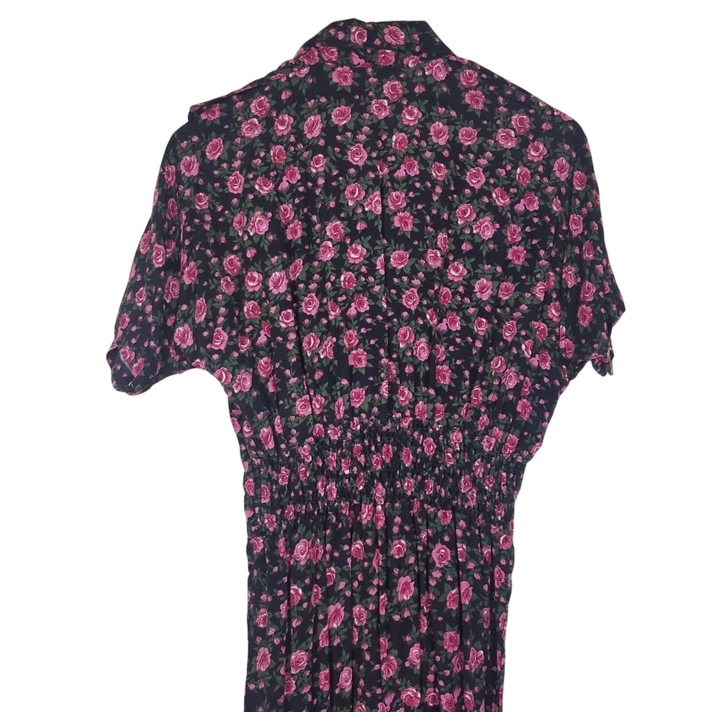 Vintage Pink Rose Print Shirt Dress Black Gold Buttons 8