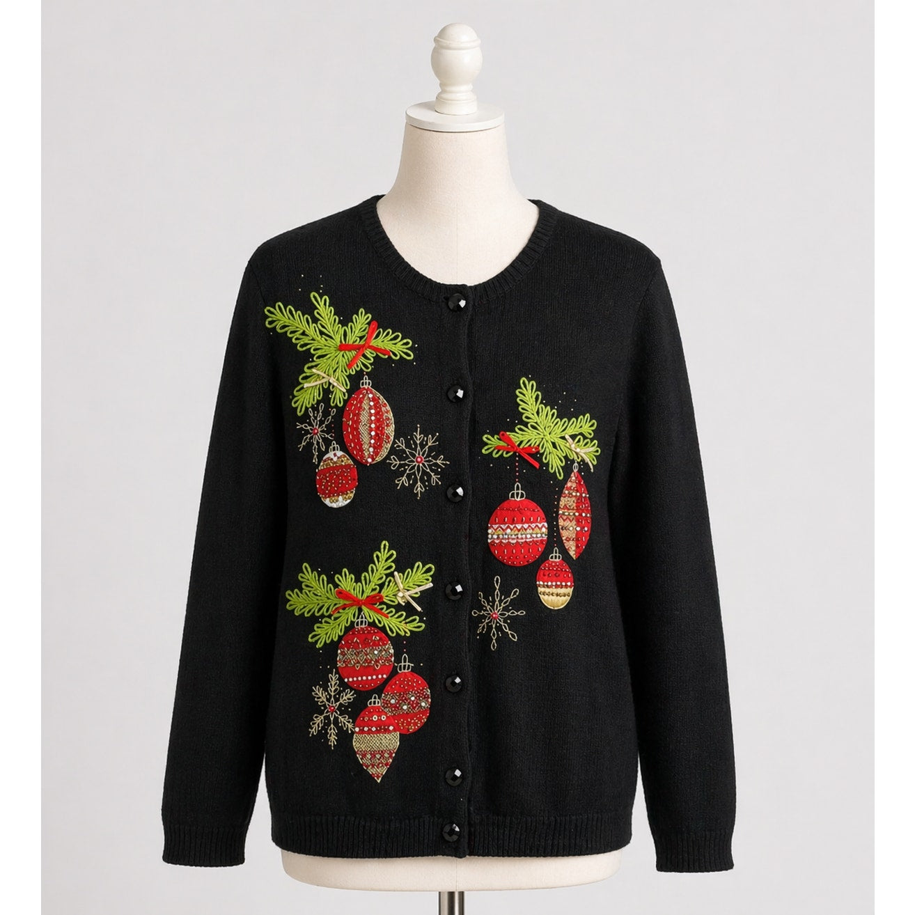 Holiday Black Sweater Festive Ornaments Christmas Sweater Cardigan Vintage Large