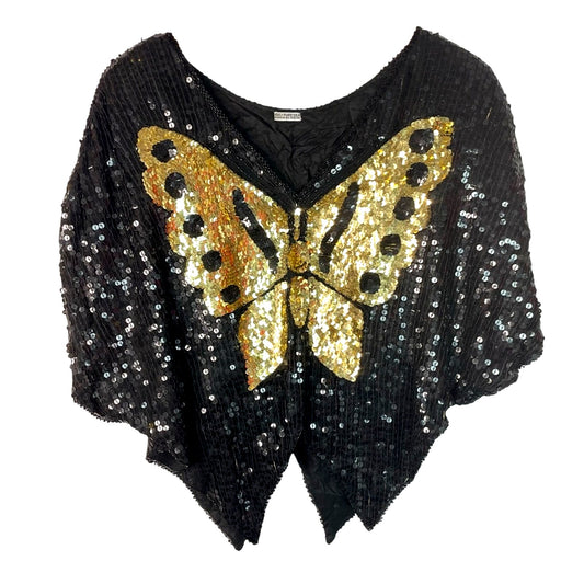 Sequin Butterfly Top Beaded Vintage 70/80s Glam Sparkle Silk