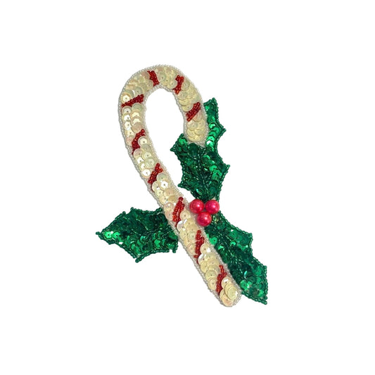 Festive Candy Cane Patch Embellishment with Green Leaves Sequins Christmas