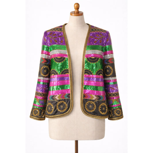 Colorful Sequin Jacket Beaded Vintage Pink Green Pink Black Silk Large