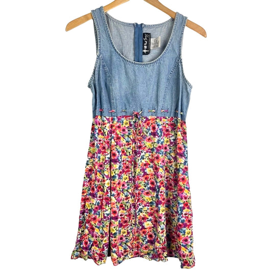 Vintage Floral Flowing and Denim Dress Tie Waist 1990s