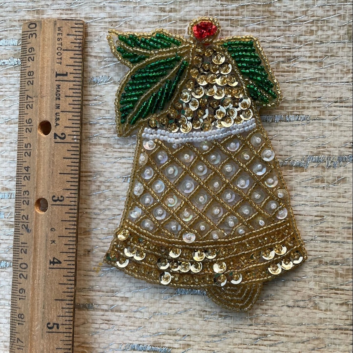 Vintage Christmas Bell Patch Embellishment Sequin Beaded Pin Holiday