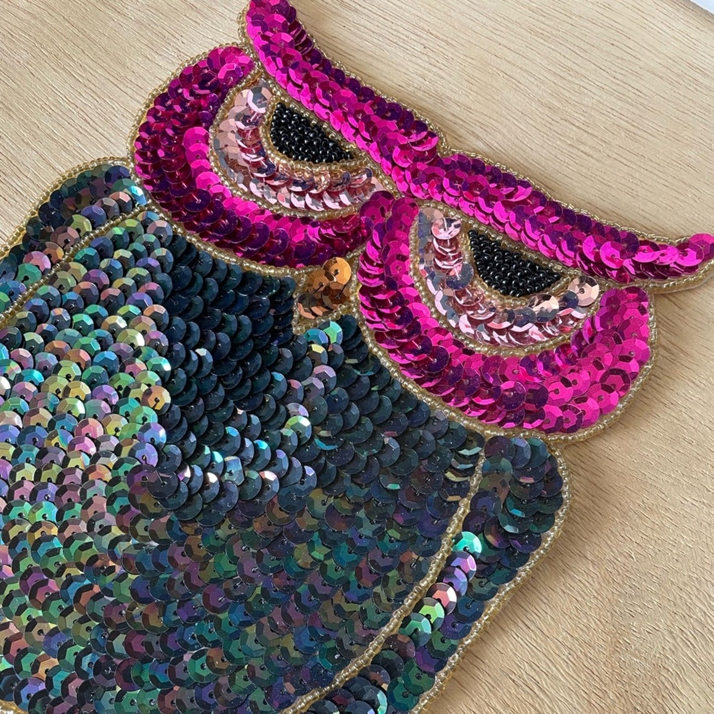 Sequin Owl Patch Vintage Pink Black Sparkle Embellishment