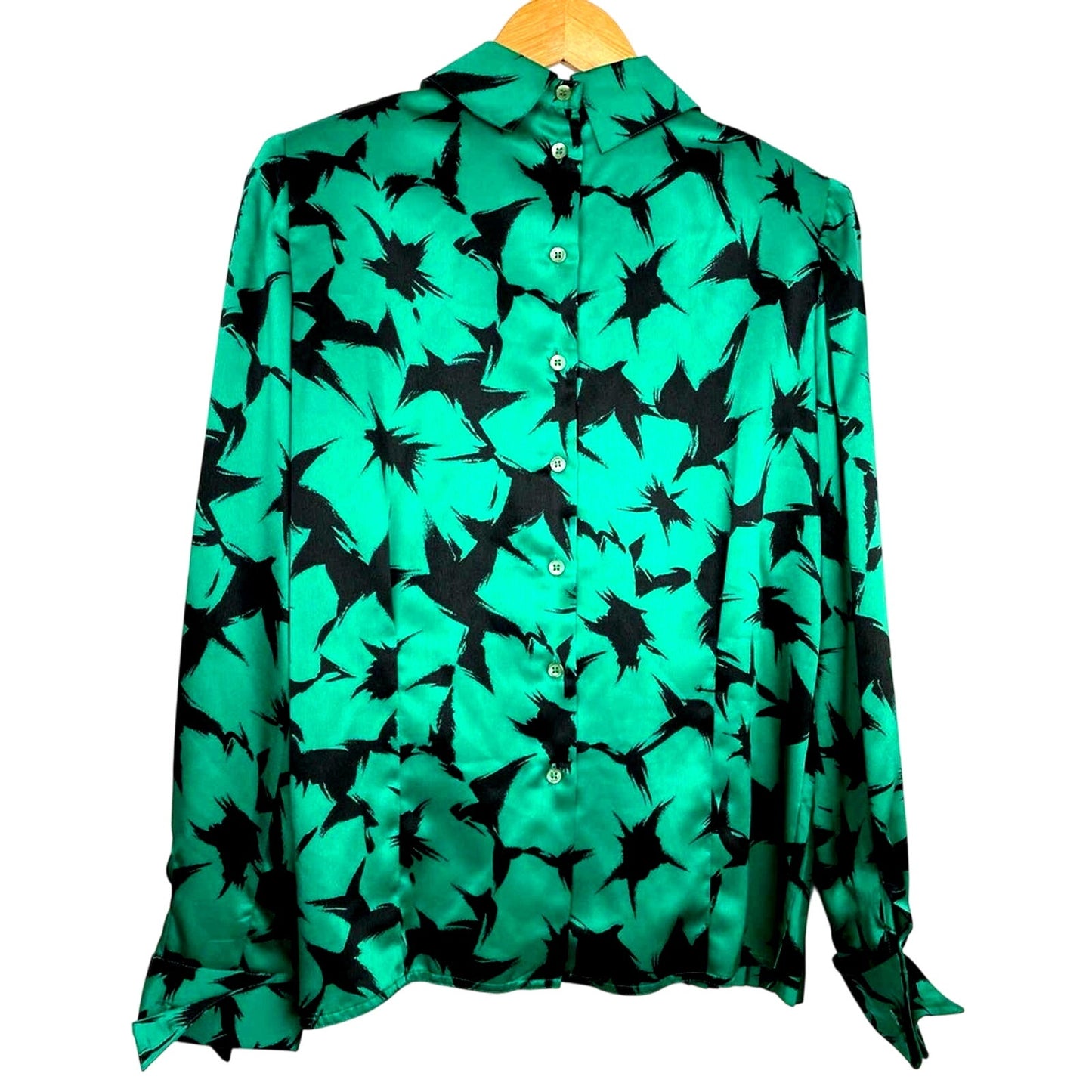 Vintage | Green & Black Blouse Button Down Back Pleated Floral Top Silky