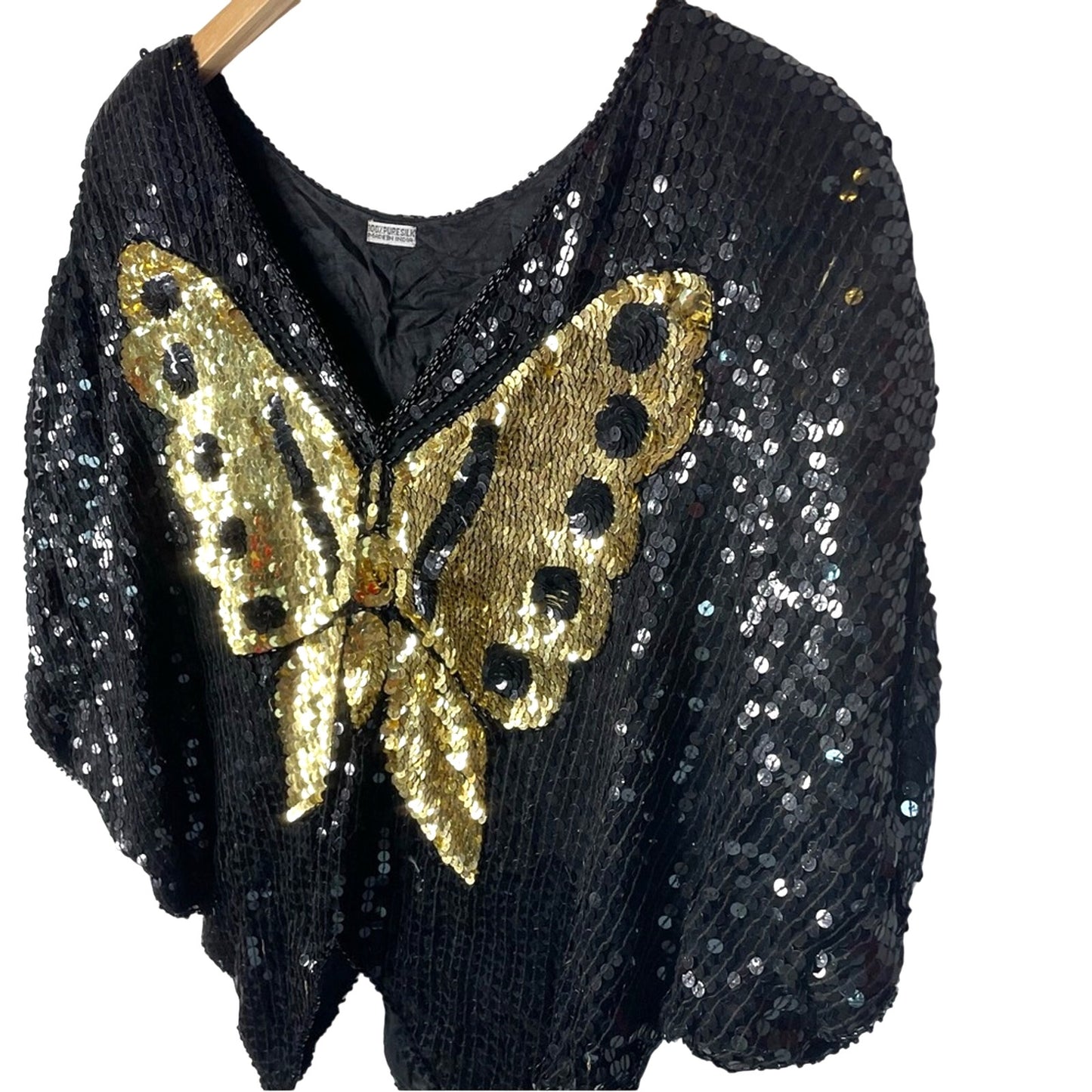 Sequin Butterfly Top Beaded Vintage 70/80s Glam Sparkle Silk