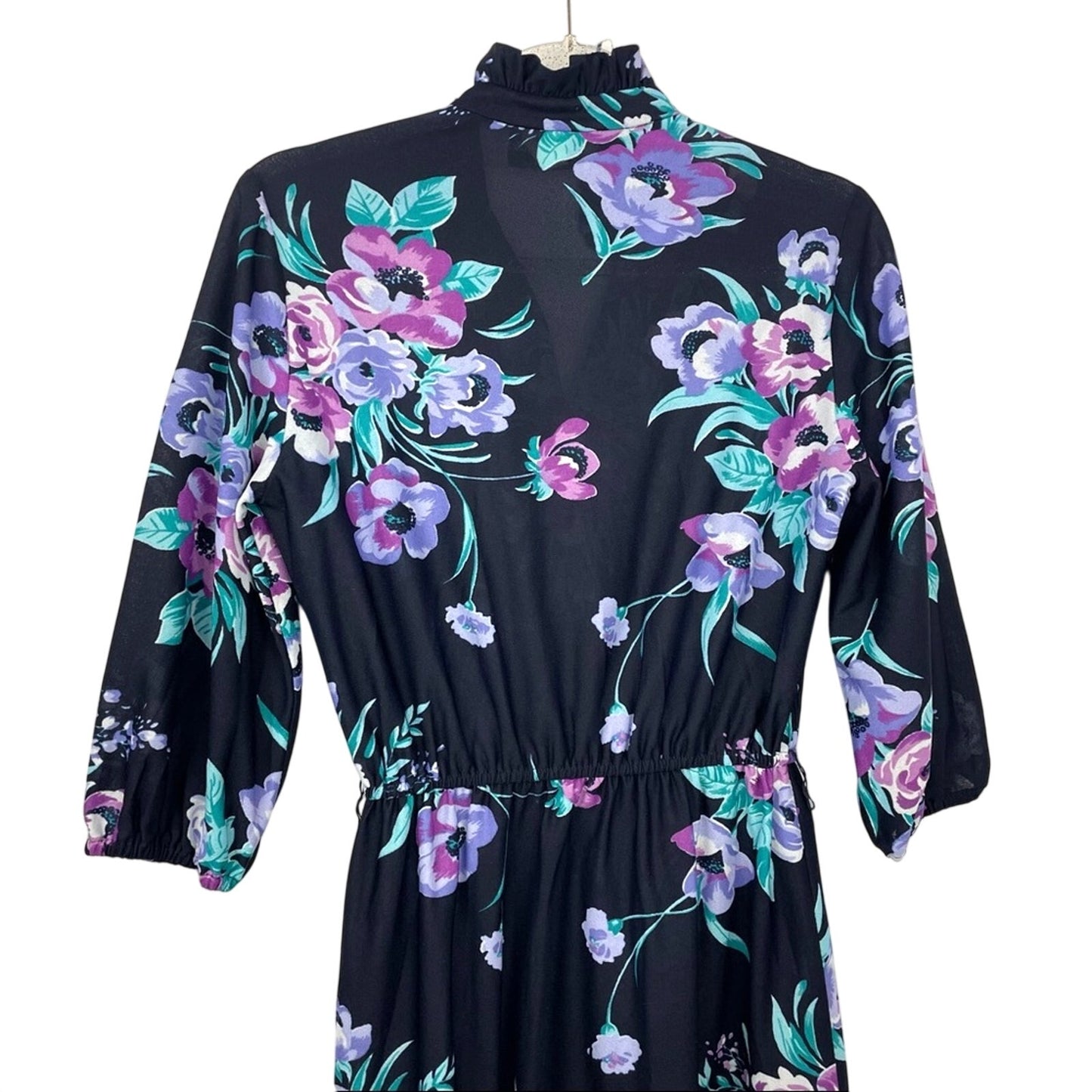Vintage Floral Dress 1970s California Black Purple Small