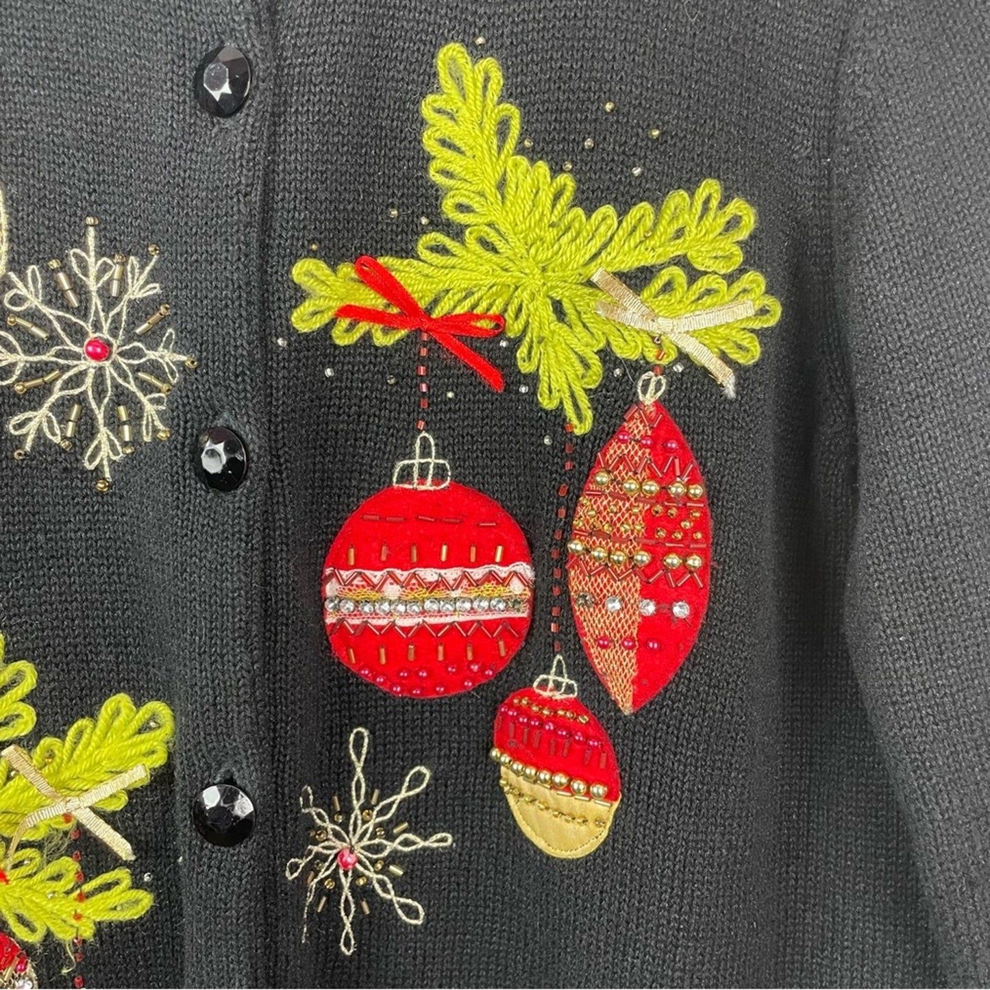 Holiday Black Sweater Festive Ornaments Christmas Sweater Cardigan Vintage Large