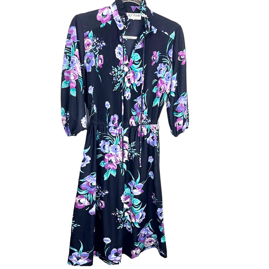 Vintage Floral Dress 1970s California Black Purple Small