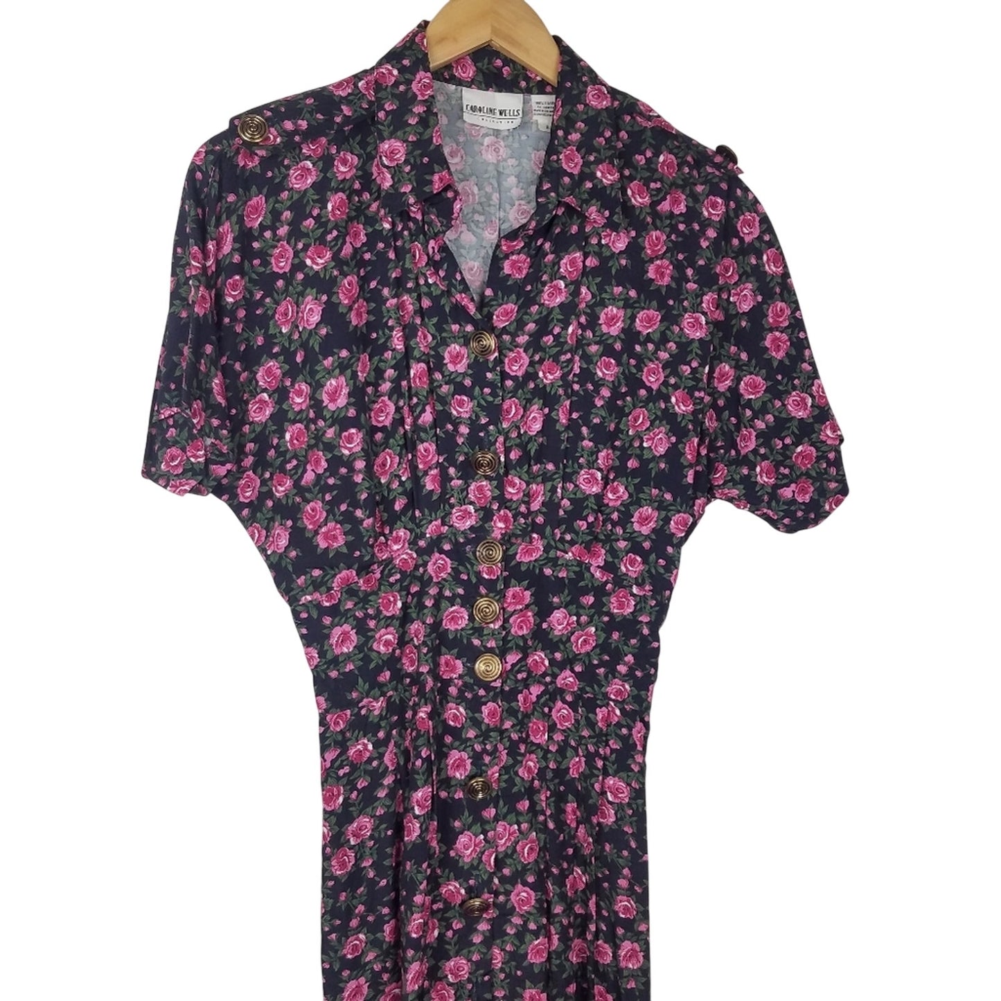 Vintage Pink Rose Print Shirt Dress Black Gold Buttons 8