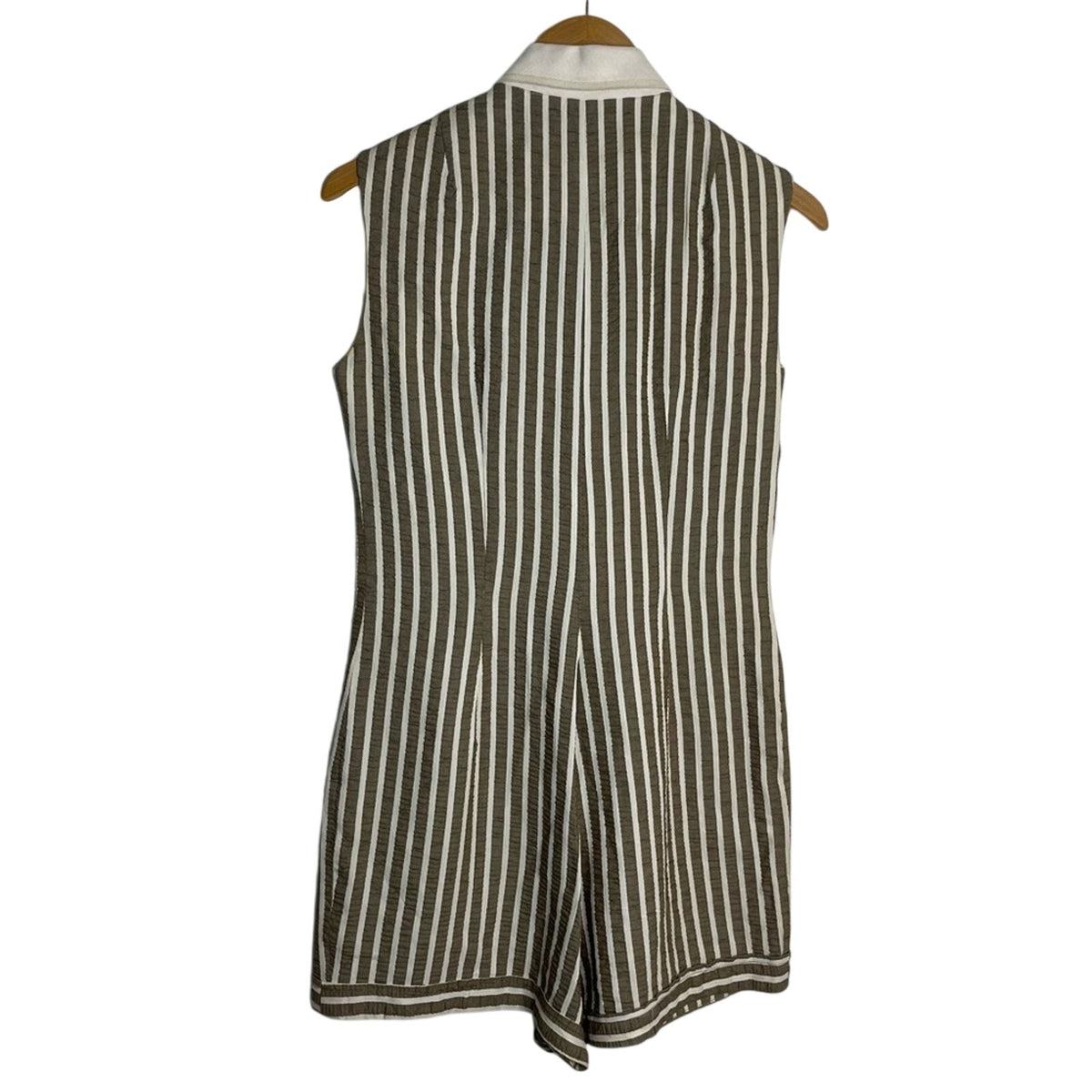 Sleeveless Brown & White Striped Button Romper with White Collar Vintage
