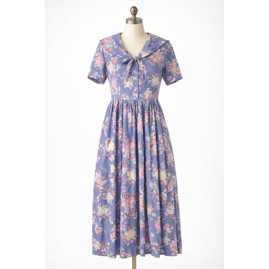 Vintage Laura Ashley Blue Floral Button-Up Dress Tie Collar Cottagecore Praire