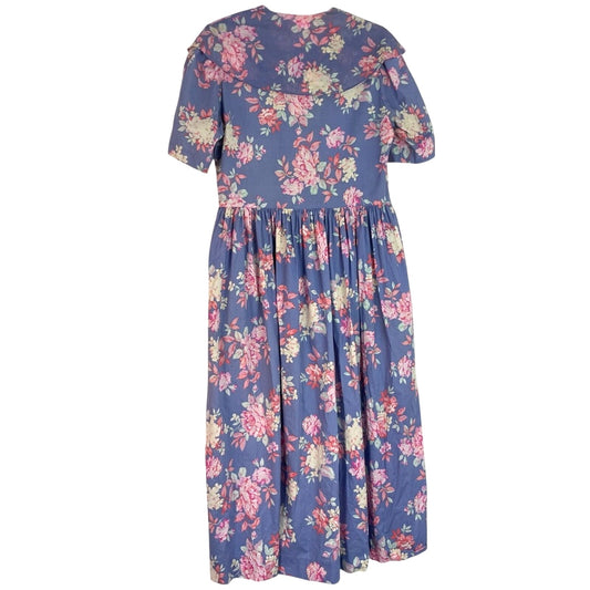 Vintage Laura Ashley Blue Floral Button-Up Dress Tie Collar Cottagecore Praire