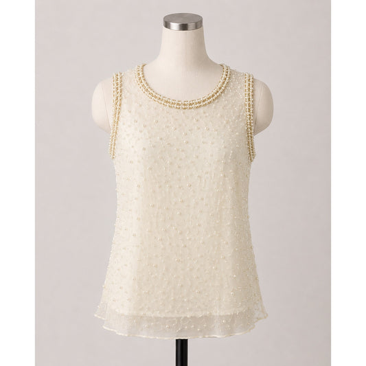 Vintage Silk Beaded Pearls Blouse Tank Top White Gold Sparkle