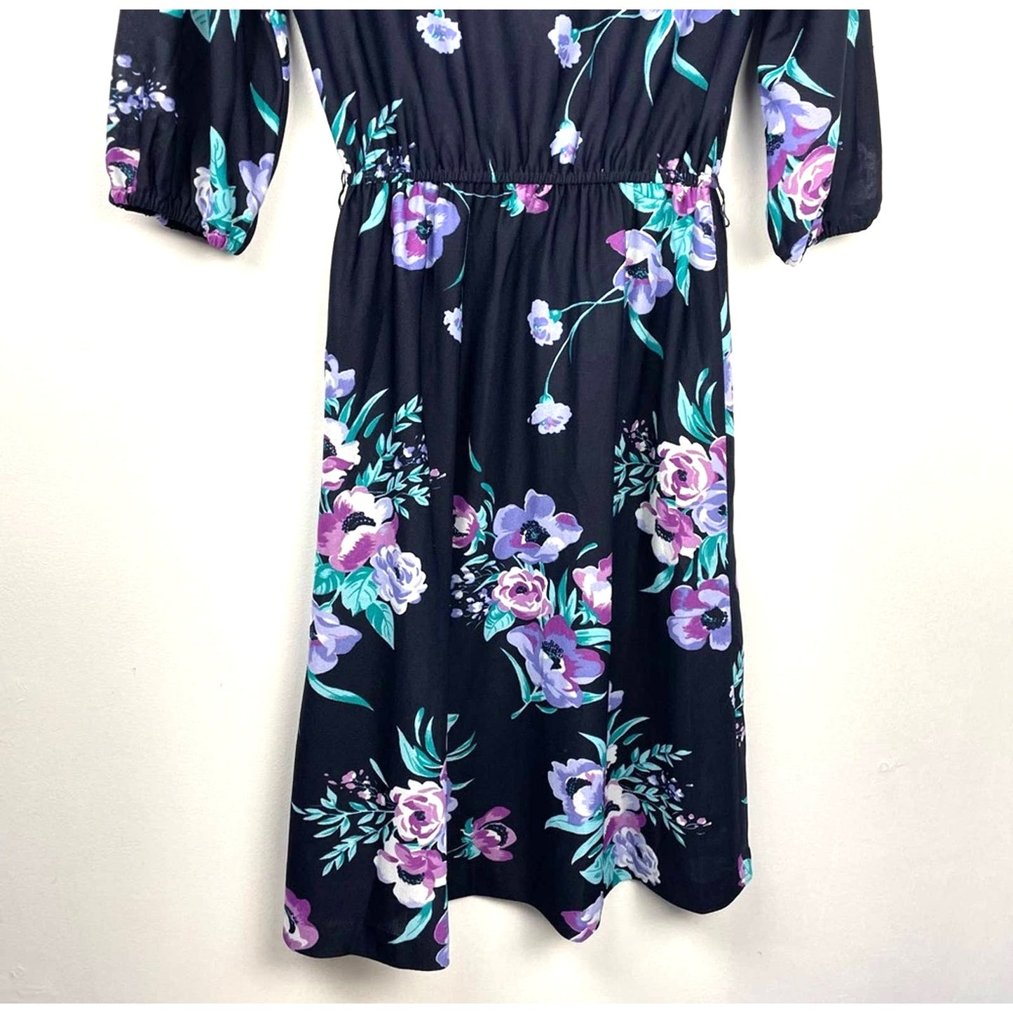 Vintage Floral Dress 1970s California Black Purple Small
