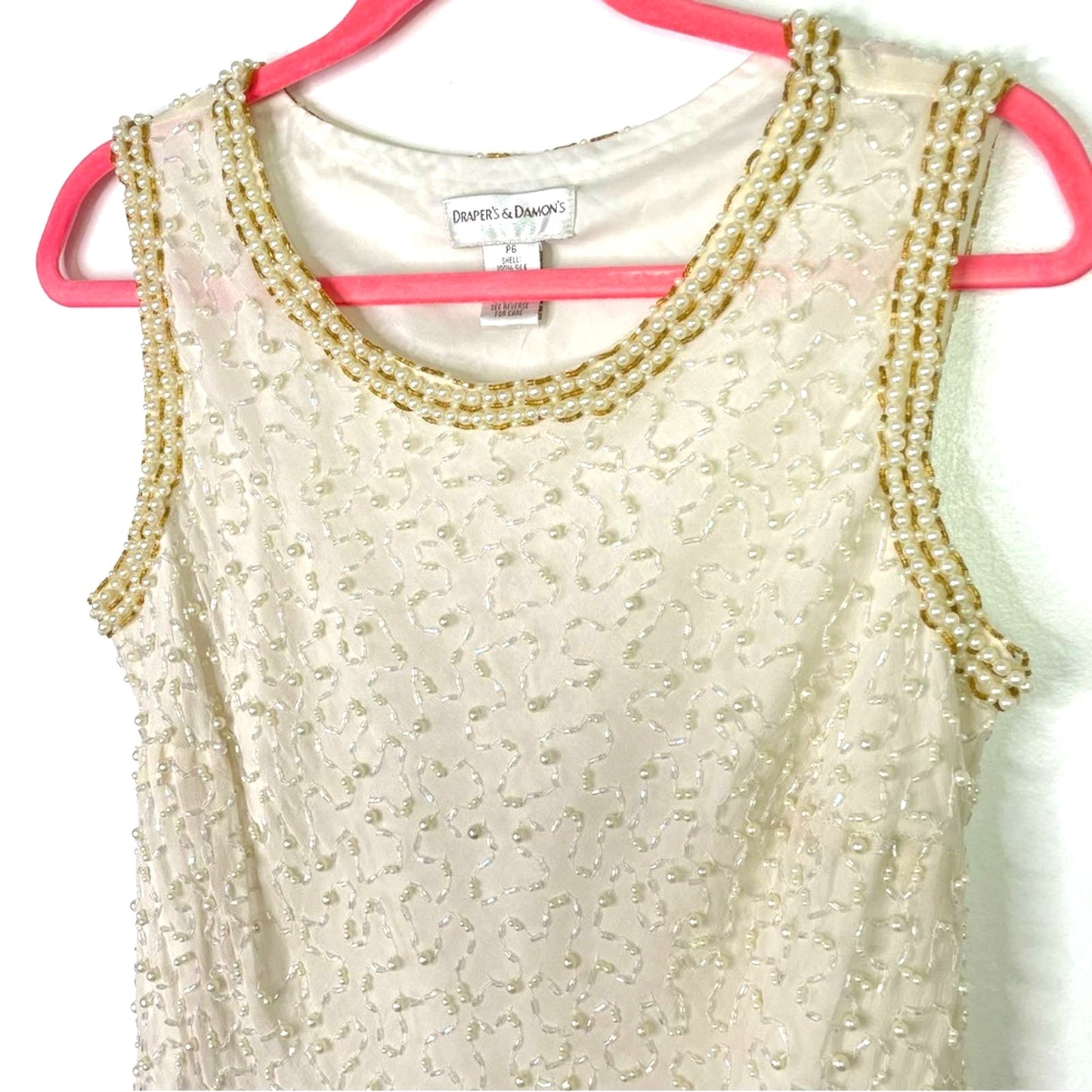Vintage Silk Beaded Pearls Blouse Tank Top White Gold Sparkle