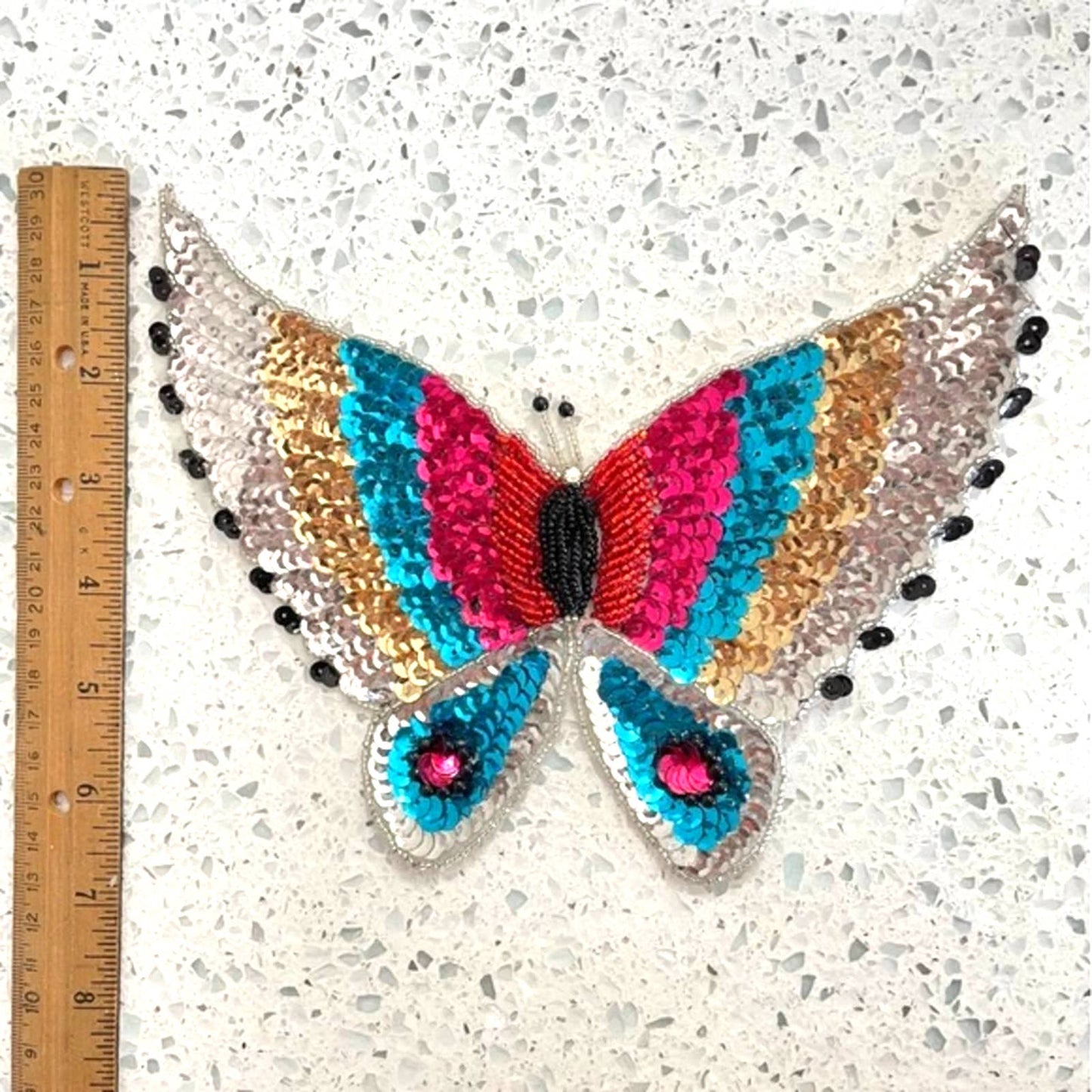 Vintage Butterfly Sequin Patch Large Light Blue Turquoise & Dark Blue