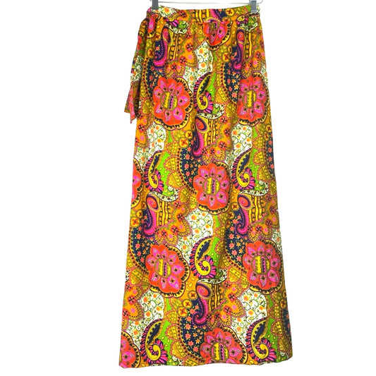 Vintage Maxi Skirt 1960s Paisley Bright Colors Pink Yellow S