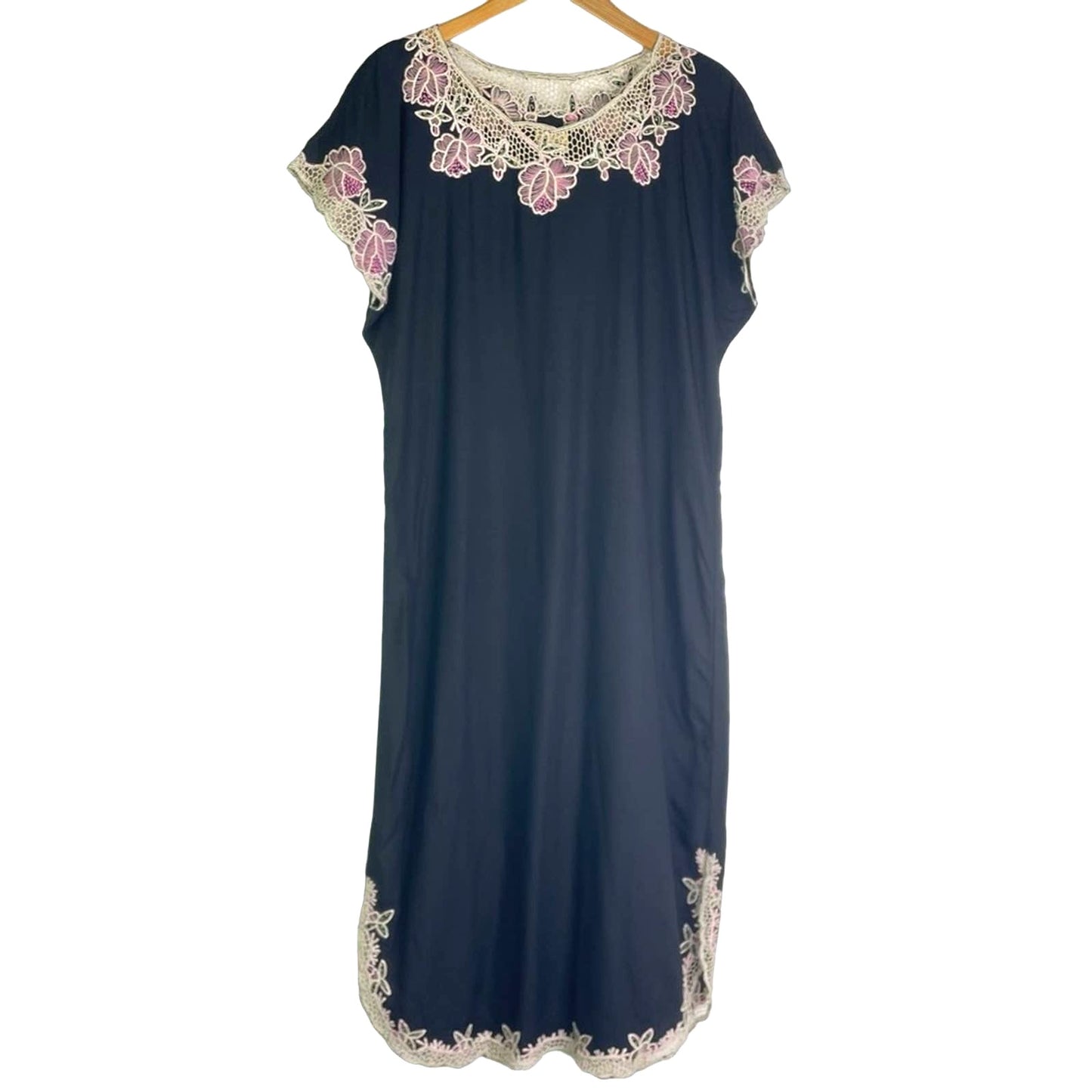 Vintage Embroidered Black Dress  White Floral Lace Rayon Dress Pink Green