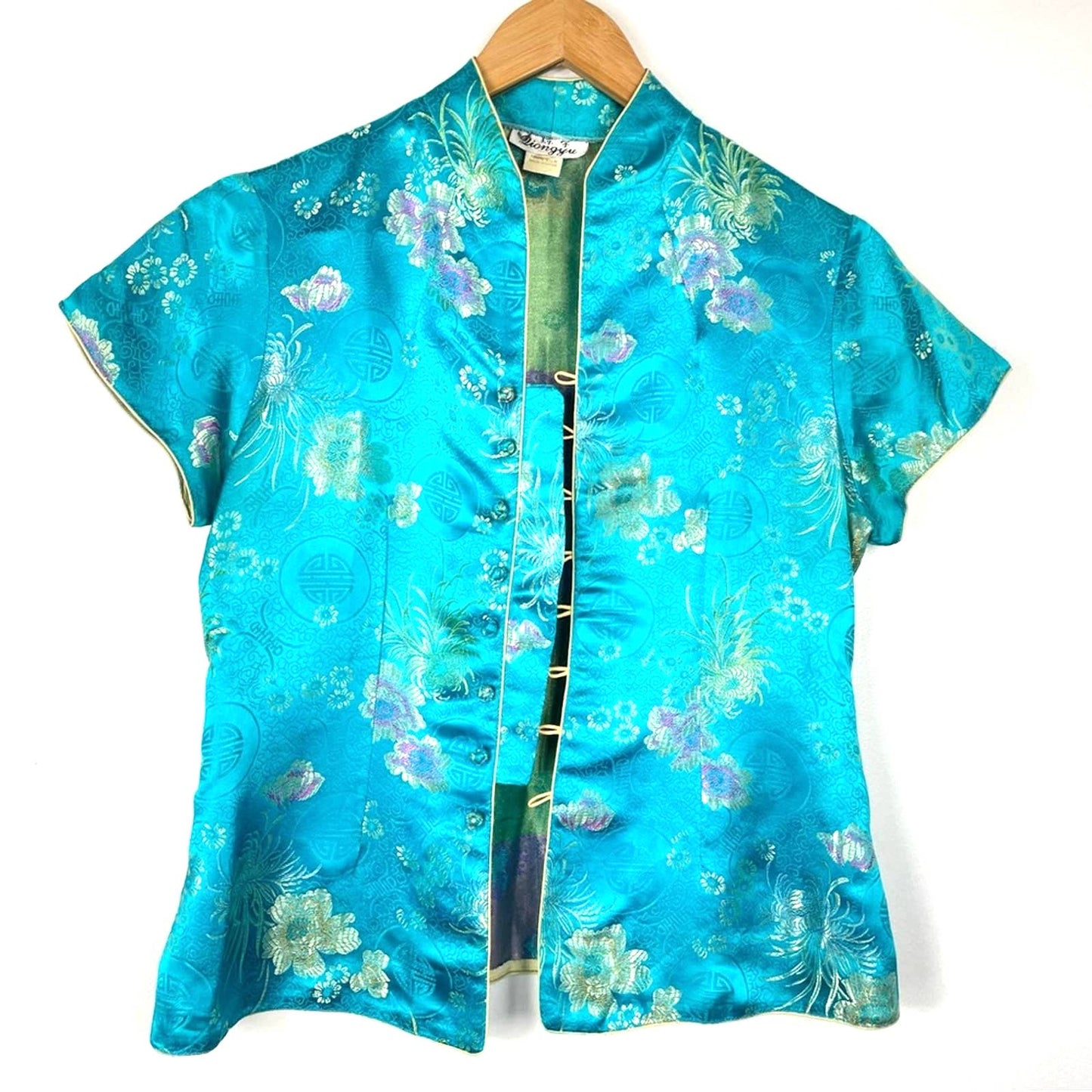 Vintage Silk Top Asian Style Button Down Blouse Blue