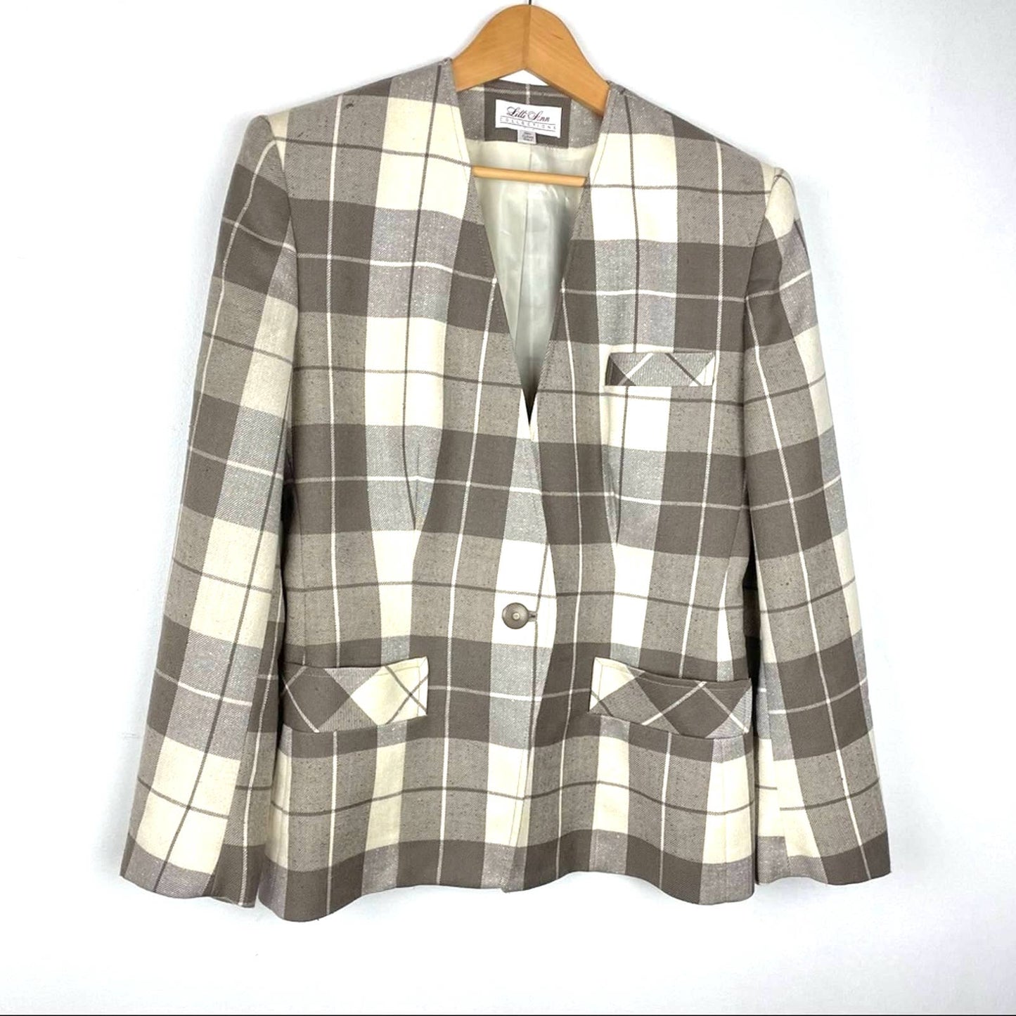 Vintage Lilli Ann Plaid Blazer Gray White Structured 1980s/ 90s Clueless