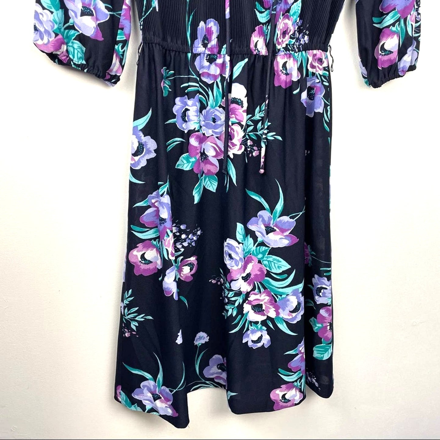 Vintage Floral Dress 1970s California Black Purple Small