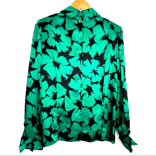 Vintage | Green & Black Blouse Button Down Back Pleated Floral Top Silky