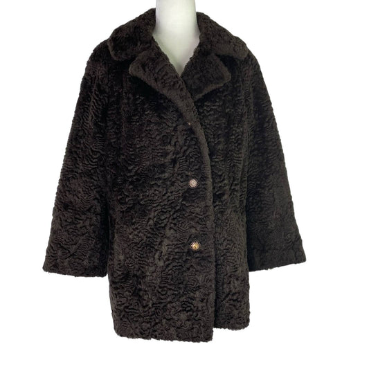 Vintage Faux Fur Coat Brown Sun Buttons 1960s