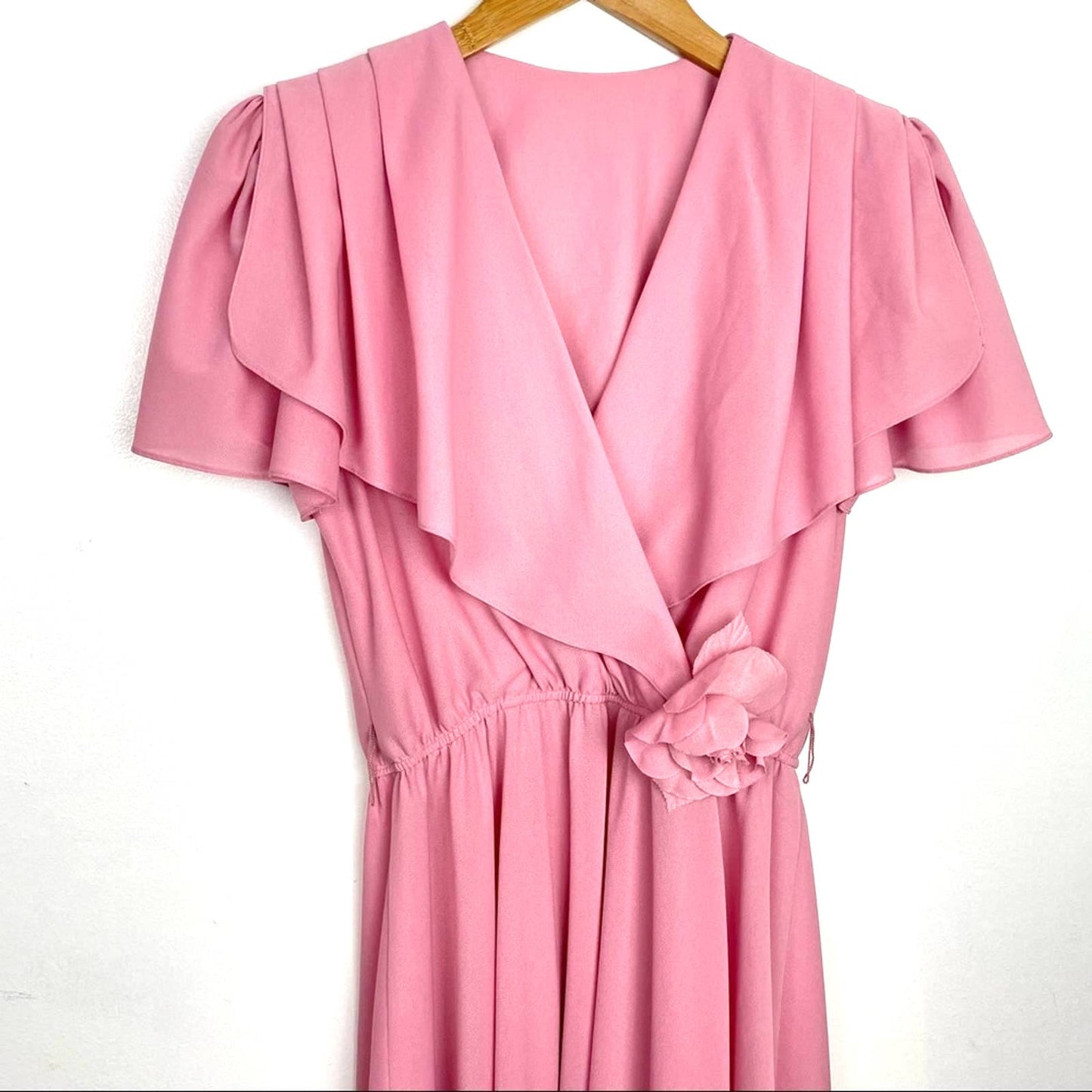 Vintage | 70s Pink Draped Dress Grecian Style Movable Flower