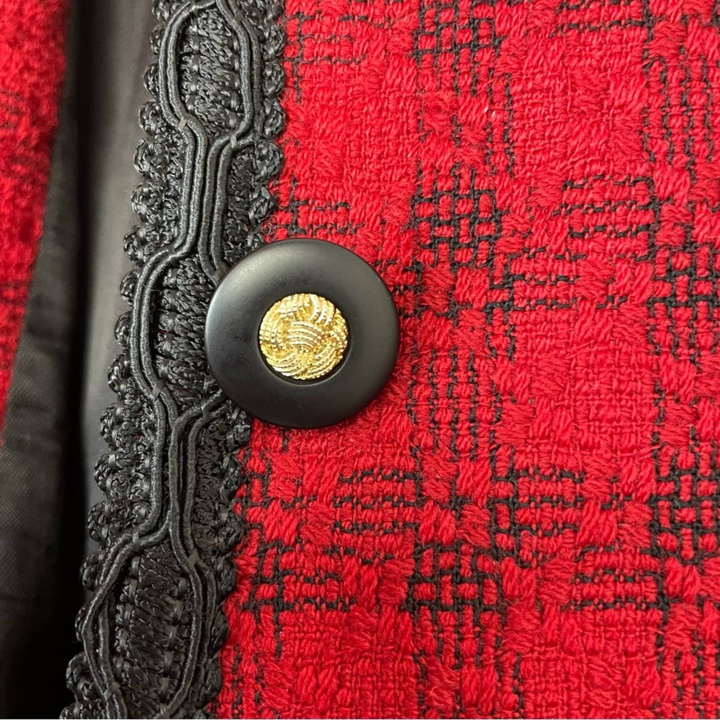 Vintage Red Wool Blazer Black Accents Gold Buttons