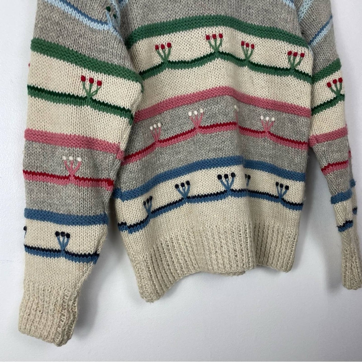 Vintage Alpaca Sweater Handmade Knit Floral Details Gray Beige Pink Blue
