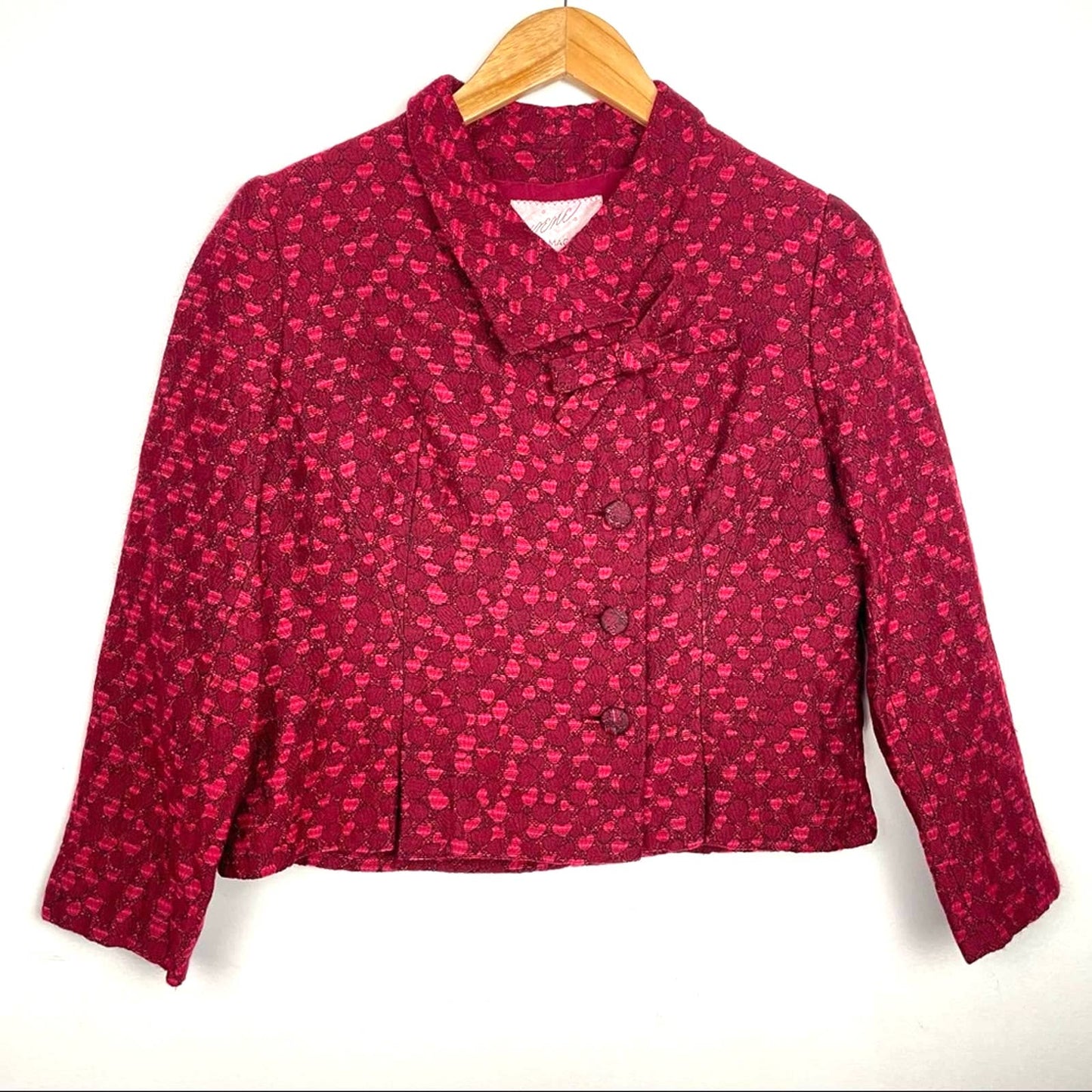 Vintage I.Magnin | Hearts Cropped Jacket Red & Pink Bow at Collar