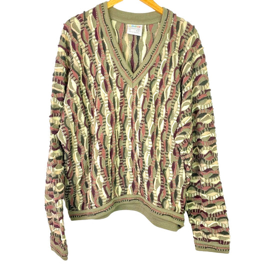 Coogi | Knit Sweater Tan Green Chunky Knit 3 D Pattern XL