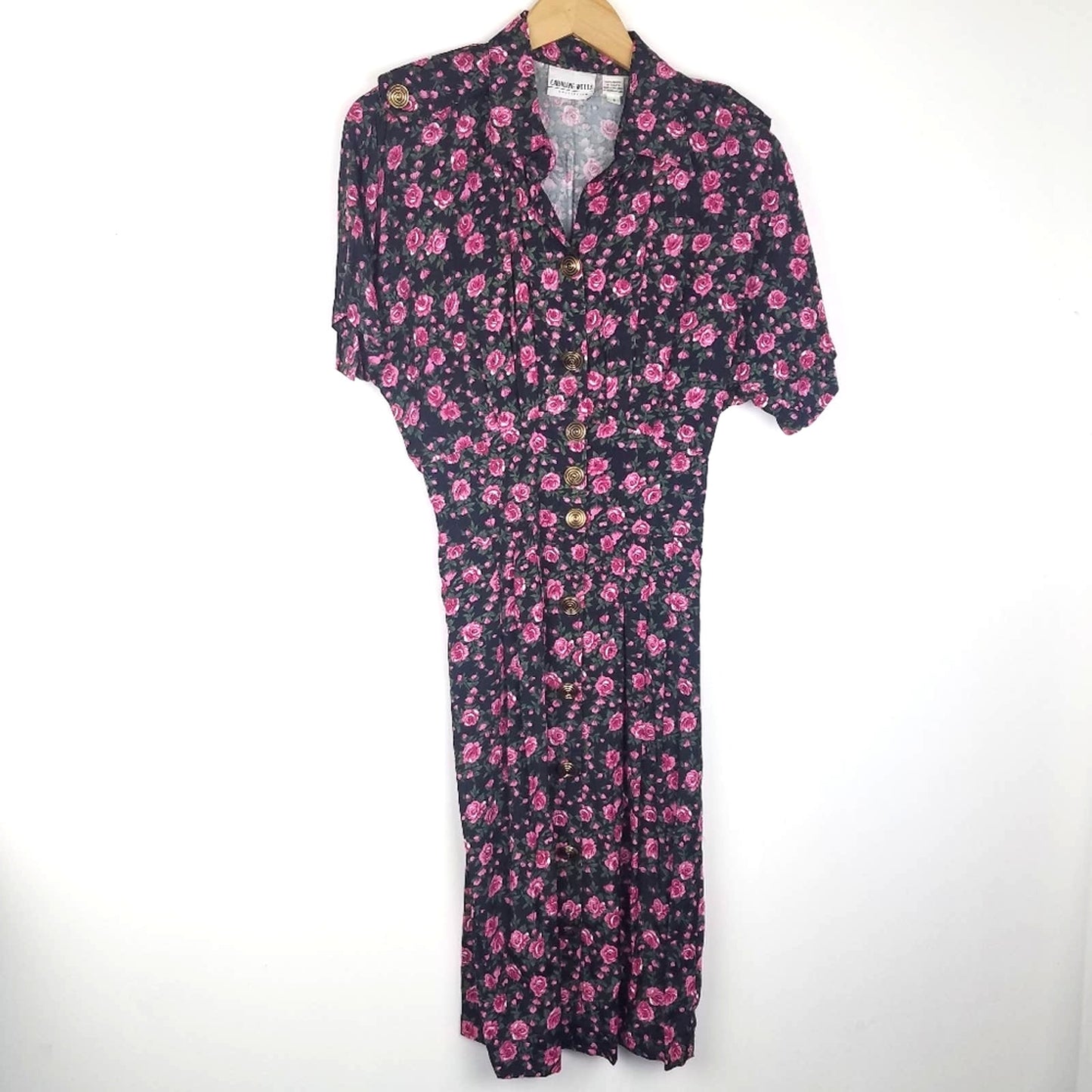 Vintage Pink Rose Print Shirt Dress Black Gold Buttons 8