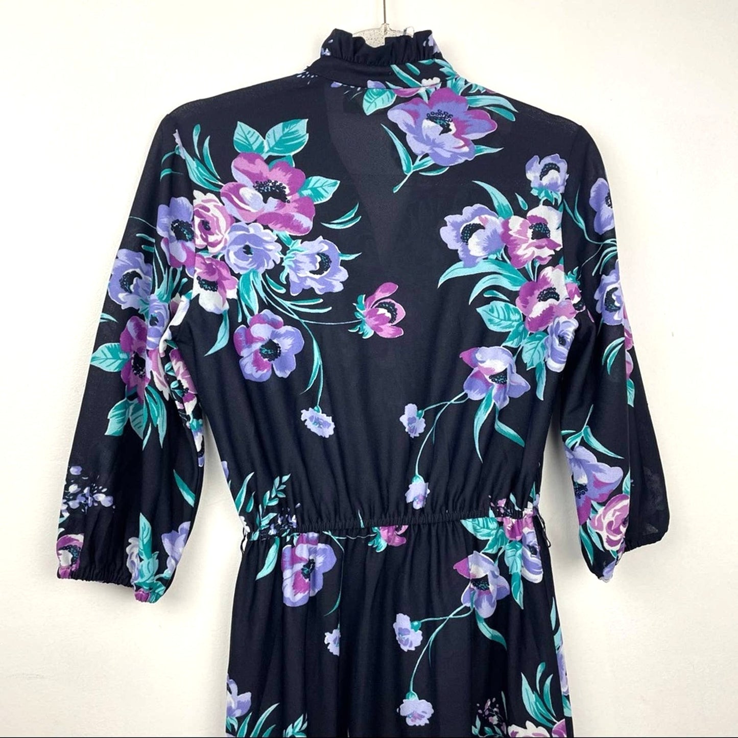 Vintage Floral Dress 1970s California Black Purple Small